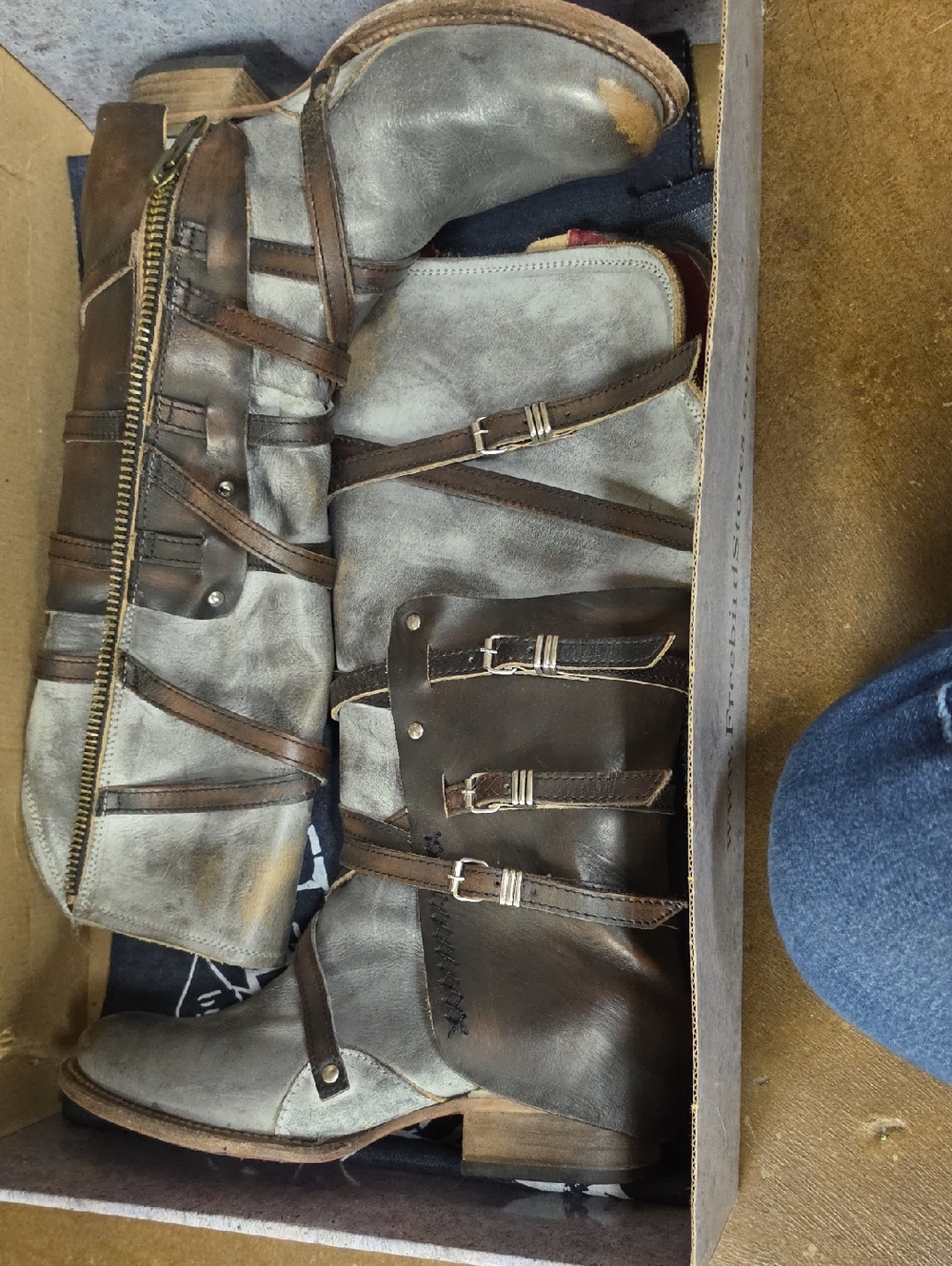 Women's Gray and Brown Strapped Leather Boots